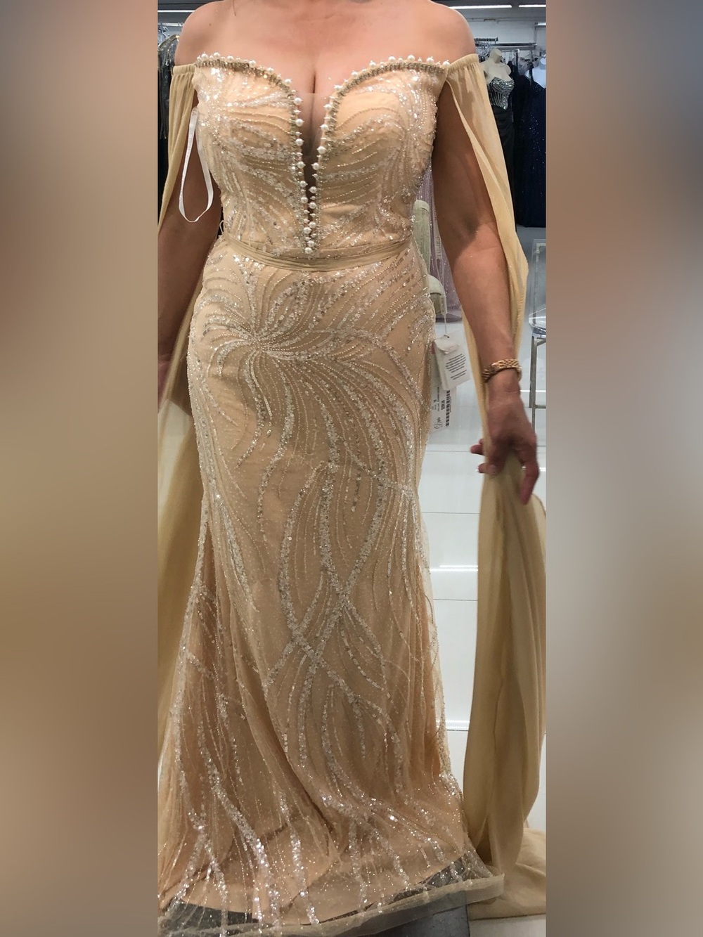 Off-Shoulder Champagne Beaded Evening Gown